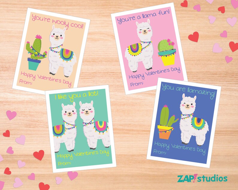 May include: Four printable Valentine's Day cards featuring cute llama illustrations with cacti and the text "You're wooly cool!", "You're a llama fun!", "I like you a lot!" and "You are llamazing!"