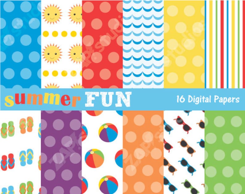 Pu&ograve; includere: 16 carte digitali a tema estivo. Le carte presentano motivi di pois blu, pois gialli, pois rossi, pois verdi, pois viola, pois arancioni, onde blu, strisce gialle, infradito, palloni da spiaggia, occhiali da sole e soli sorridenti.