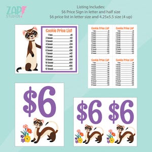 Peut inclure: Ensemble de listes de prix de cookies imprimables et de panneaux de prix &agrave; 6 $. Les panneaux pr&eacute;sentent un furet de dessin anim&eacute;, du texte violet et des fleurs. La liste de prix comprend les prix pour 1 &agrave; 12 bo&icirc;tes.