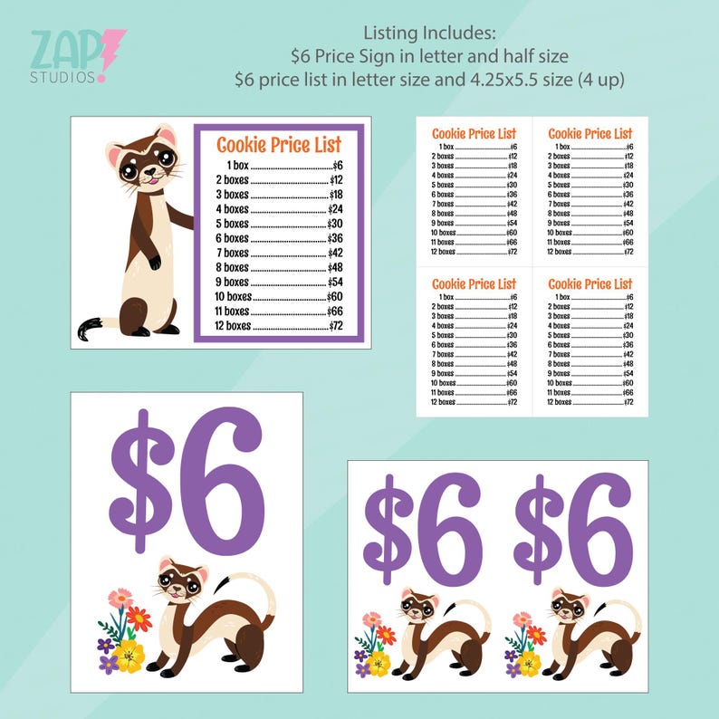 Peut inclure: Ensemble de listes de prix de cookies imprimables et de panneaux de prix &agrave; 6 $. Les panneaux pr&eacute;sentent un furet de dessin anim&eacute;, du texte violet et des fleurs. La liste de prix comprend les prix pour 1 &agrave; 12 bo&icirc;tes.