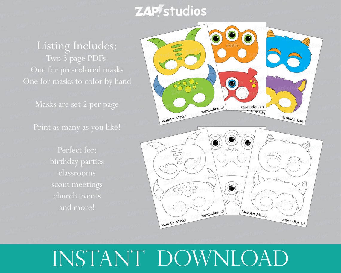 Printable Monster Masks: Color-your-own Party Activity (PDF) - Etsy