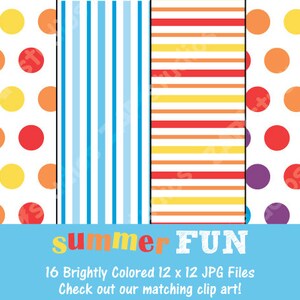 Pu&ograve; includere: Quattro design di carta digitale in un set. I design sono pois rossi, arancioni e gialli, strisce blu e bianche, strisce arancioni, gialle e rosse e pois viola, arancioni e rossi.