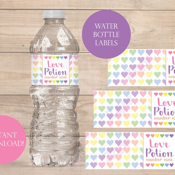 Love Potion Number 9 Bottle Labels, Printable Valentine Water Bottle Labels, Valentine Party decor, DIY Love Potion Labels