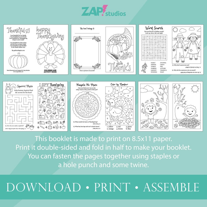 Printable Thanksgiving Activity Booklet, Thanksgiving Activities for kids, I Spy, Thanksgiving Coloring, Maze, Thanksgiving Word Search, image 2