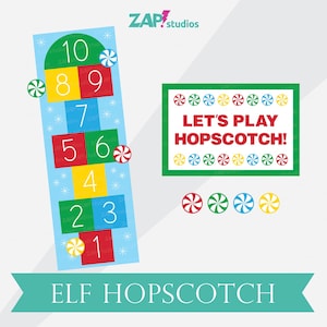 May include: A printable hopscotch game with a blue, green, yellow, and red color scheme. The game board features numbers 1 through 10. The text "Let's Play Hopscotch!" and "Elf Hopscotch" are included. Candy cane graphics are used throughout the design.