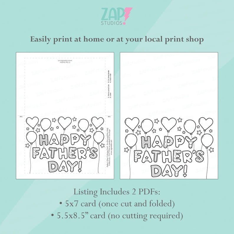 Pu&ograve; includere: Design di biglietto per la festa del pap&agrave; stampabile in bianco e nero. La carta presenta palloncini, stelle e la scritta "HAPPY FATHER'S DAY!". Include due formati PDF: un biglietto da 12,7 x 17,8 cm e un biglietto da 14 x 21,6 cm.