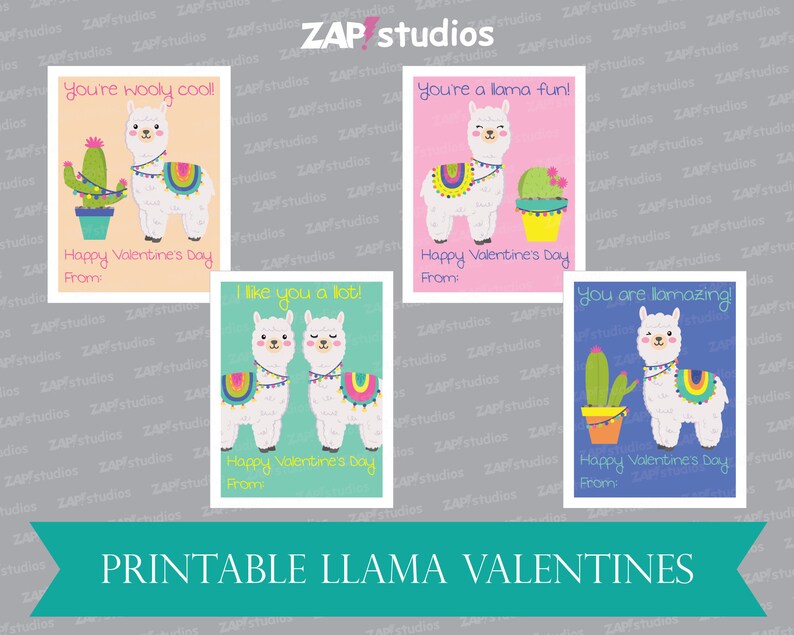 May include: Four printable Valentine's Day cards featuring cute llama illustrations. Each card has a different color background and a different message: "You're woolly cool!", "You're a llama fun!", "I like you a lot!" and "You are llamazing!"