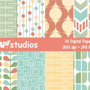 May include: Set of 16 digital papers featuring geometric patterns in shades of green, blue, yellow, and red. The patterns include squares, circles, arrows, and leaves. 300 dpi JPG files. ZAP!studios.