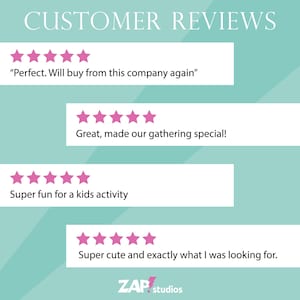 Pu&ograve; includere: Uno sfondo turchese con rettangoli bianchi che mostrano le recensioni dei clienti. Ogni recensione include una valutazione a cinque stelle e un commento positivo. Il testo "CUSTOMER REVIEWS" &egrave; in alto e il logo di ZAP studios in basso.