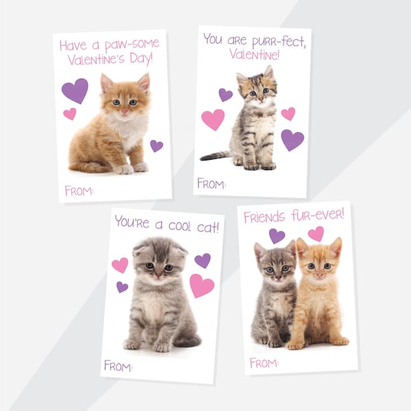 Small Kitten Valentines, Editable Cat Valentines, School Party Printable, Valentines for kids, Classroom Valentines, Kitten Photo Cards