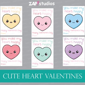Bearbeitbare Kawaii Herz-Valentinsgrüße, süße glückliche Herz-Valentinsgrüße, Pastell Kawaii Valentine, druckbare Valentinsschule, Kinder-Valentinskarten