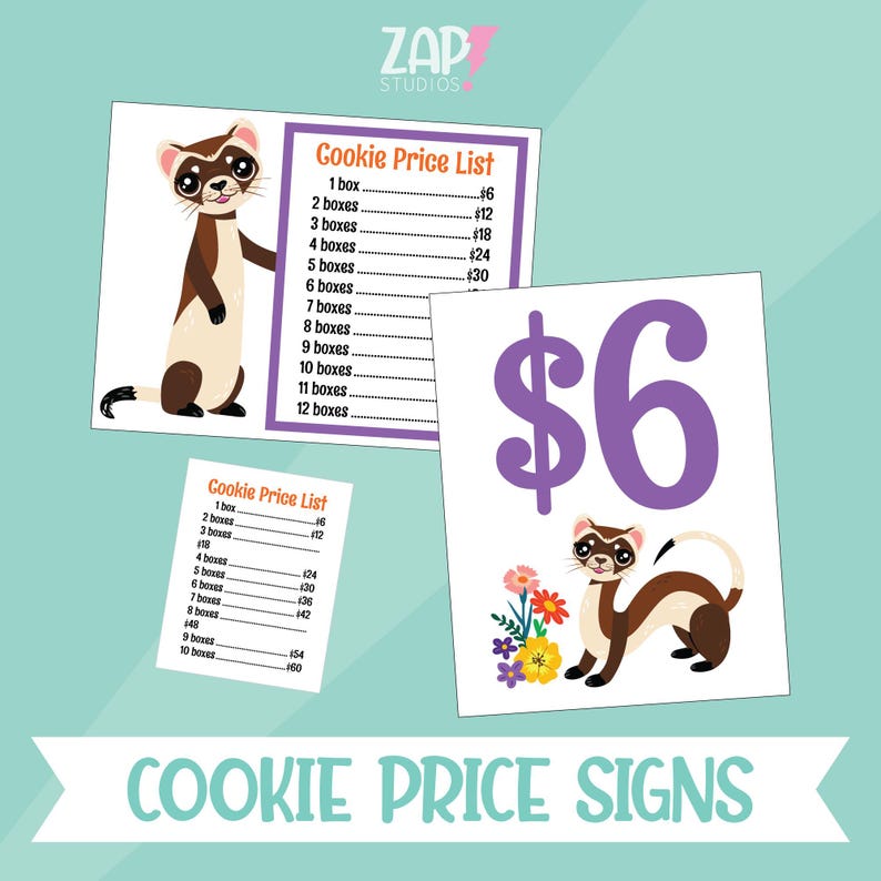 Peut inclure: Panneaux de prix pour cookies avec un furet de dessin anim&eacute;. Un panneau affiche un prix de 6 &euro; avec un furet et des fleurs. Un autre panneau liste les prix pour 1 &agrave; 12 bo&icirc;tes. Sur fond turquoise.