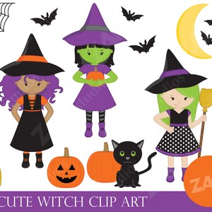 Witch Clip Art, Halloween Digital, Halloween Witch Clipart, Witch Scrapbook, kids halloween, bats clip art, black cat, pumpkin clip art