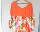 vintage coral orange hawaiian bubble sleeve maxi length floral dress 521