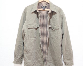 vintage 90s eddie bauer sage  green chambray plaid flannel lined  shirt #0369