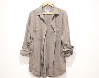 vintage gray & tan plaid flannel  button down shirt #0405