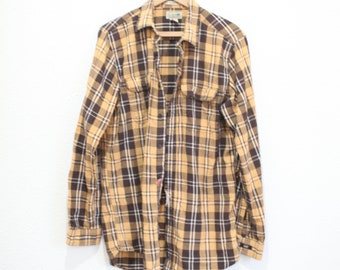 vintage  90s grunge brown and tan  plaid flannel button up shirt #0672