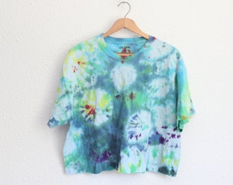 vintage 90s blue green cropped  tie dye a crop t shirt #0205