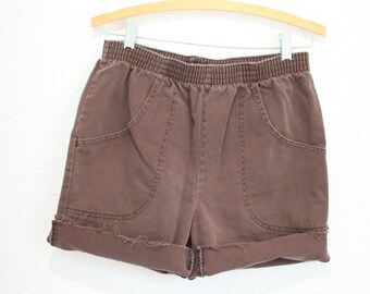vintage 80s brown canvas baggy cuffed shorts w/pockets #0604