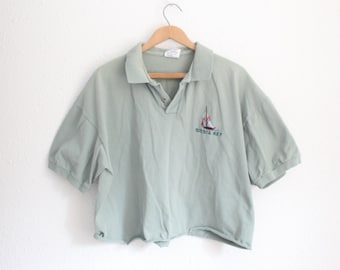 vintage 90's siesta key sailing sage green cropped polo shirt #0156