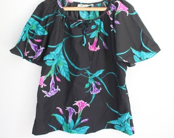 vintage 70s hilo hatties baack hawaiian floral tunic top #0372