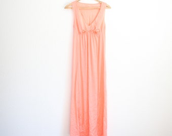 vintage 70s coral peach maxi length slip dress #0230