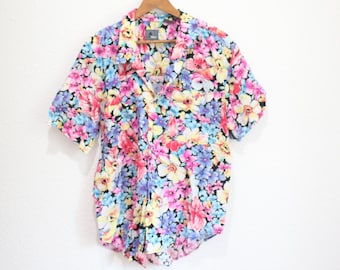 vintage 90s floral black  boxy button up top #0675