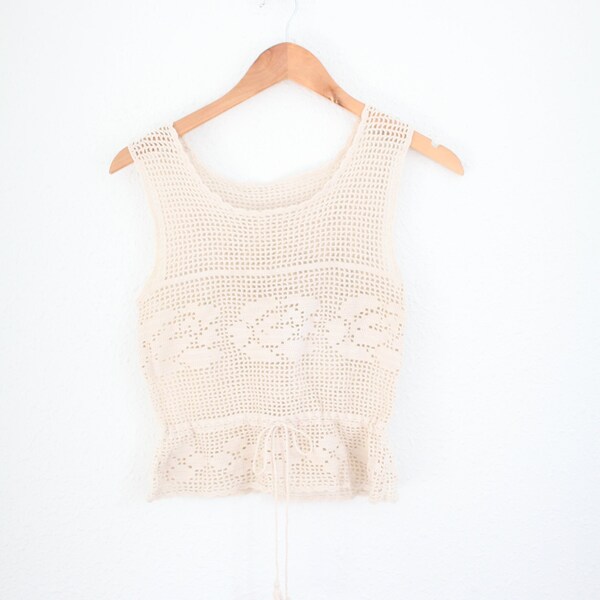 vintage 70s cream knit  rose festival tank top #0504