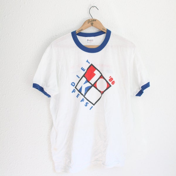 vintage '86 seafair pepsi 10k race white blue ringer t shirt #0367