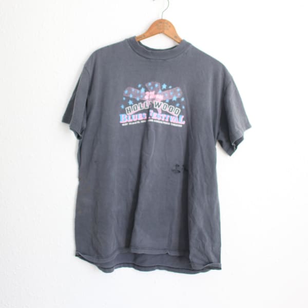 vintage '88 2nd annual hollywood blues festival faded black t shirt #0774