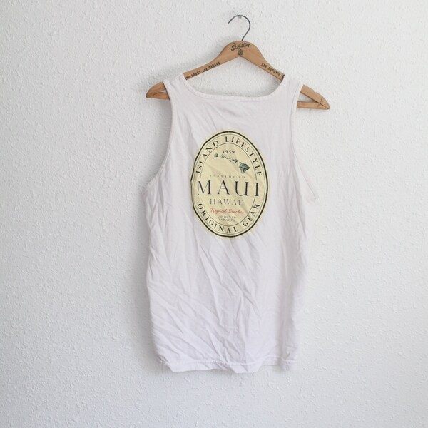 vintage  90s maui hawaii white  tank top t shirt #0716