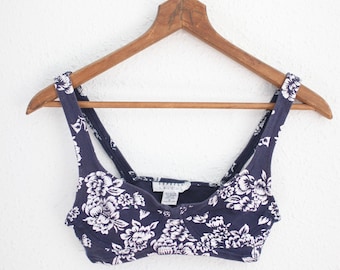 vintage 90s express navy blue hibiscus floral festival halter top bralet #0352