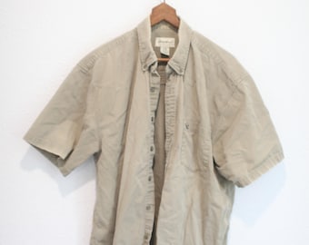 vintage 90s eddie bauer distressed tan canvas button up dad shirt #0281