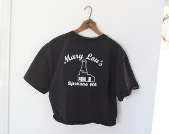vintage mary lous ice cream spokane distressed faded black cropped top t shirt #186