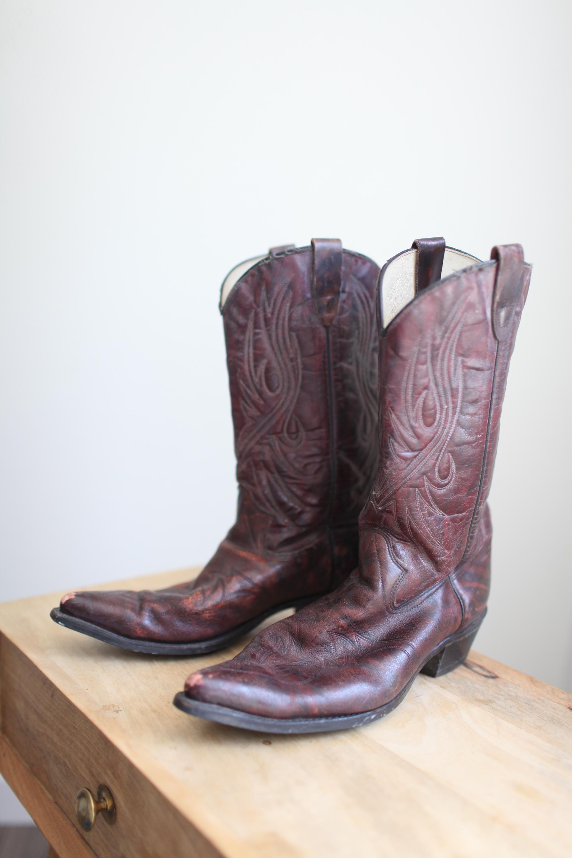 Vintage 70s Texas Usa Oxblood Maroon Leather Cowboy Boots  display picture 2