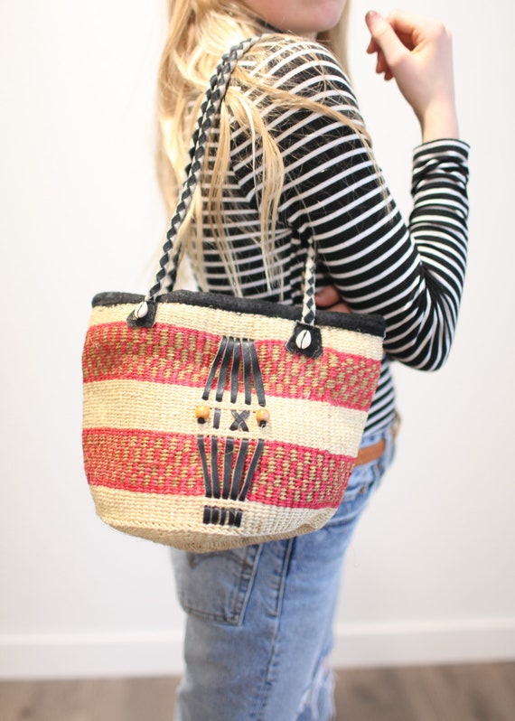 vintage pink and tan leather native woven tote bag