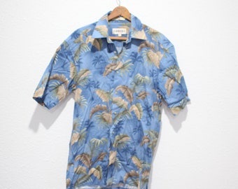 vintage blue palm leaf hawaiian print button up vacation shirt #0722