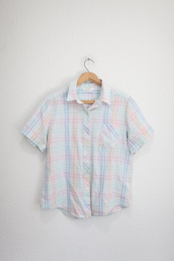 vintage 80s pastel blue & pink plaid button up top