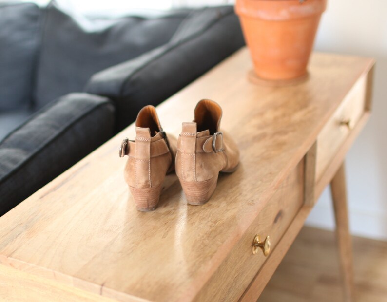 vintage tan suede brown leather ankle buckle boots slip on womens 7 12