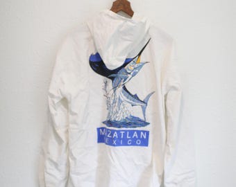vintage  90s mazatlan mexico swordfish white hooded windbreaker jacket #0406