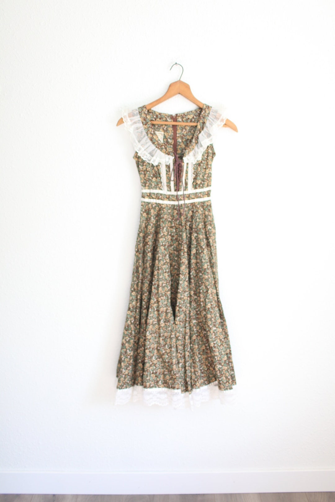 Vintage 80s Gunne Sax Brown Liberty Floral Cream Lace Corset Dress ...