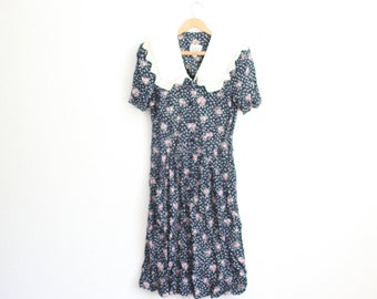 vintage 1980s navy blue liberty floral puff sleeve dress #0149