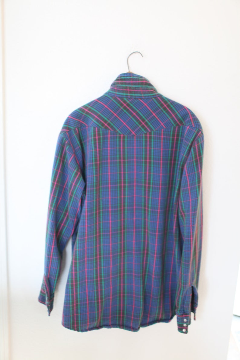 vintage 1970/'s western cut plaid gray blue flannel pearl snap button up shirt *407