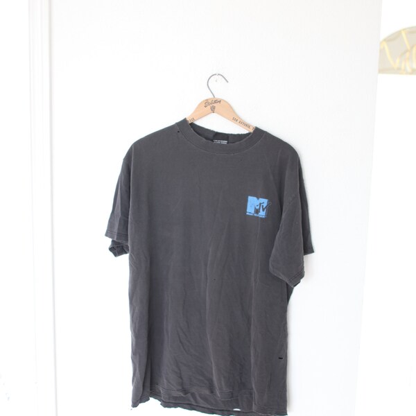 vintage '91 mtv peace  faded black t shirt  #463