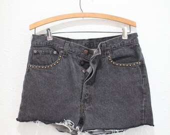 vintage 80's levis 501 button fly  embellished cut off jean shorts 32 #0402
