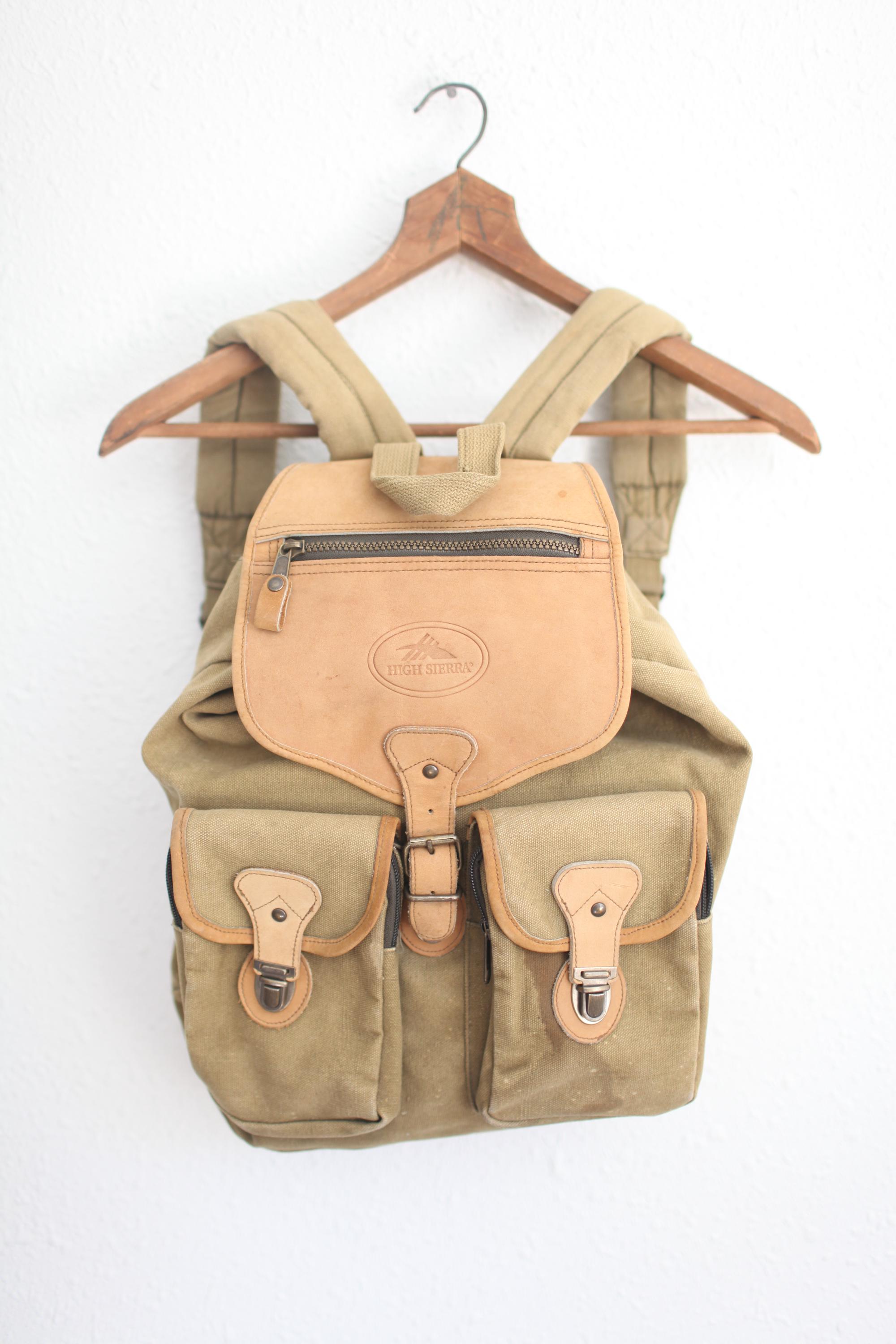 HIGH SIERRA Tan Canvas and Brown Leather Backpack Rucksack Hiking Vintage High Sierra Backpack Canvas & Leather Black And  main image 4