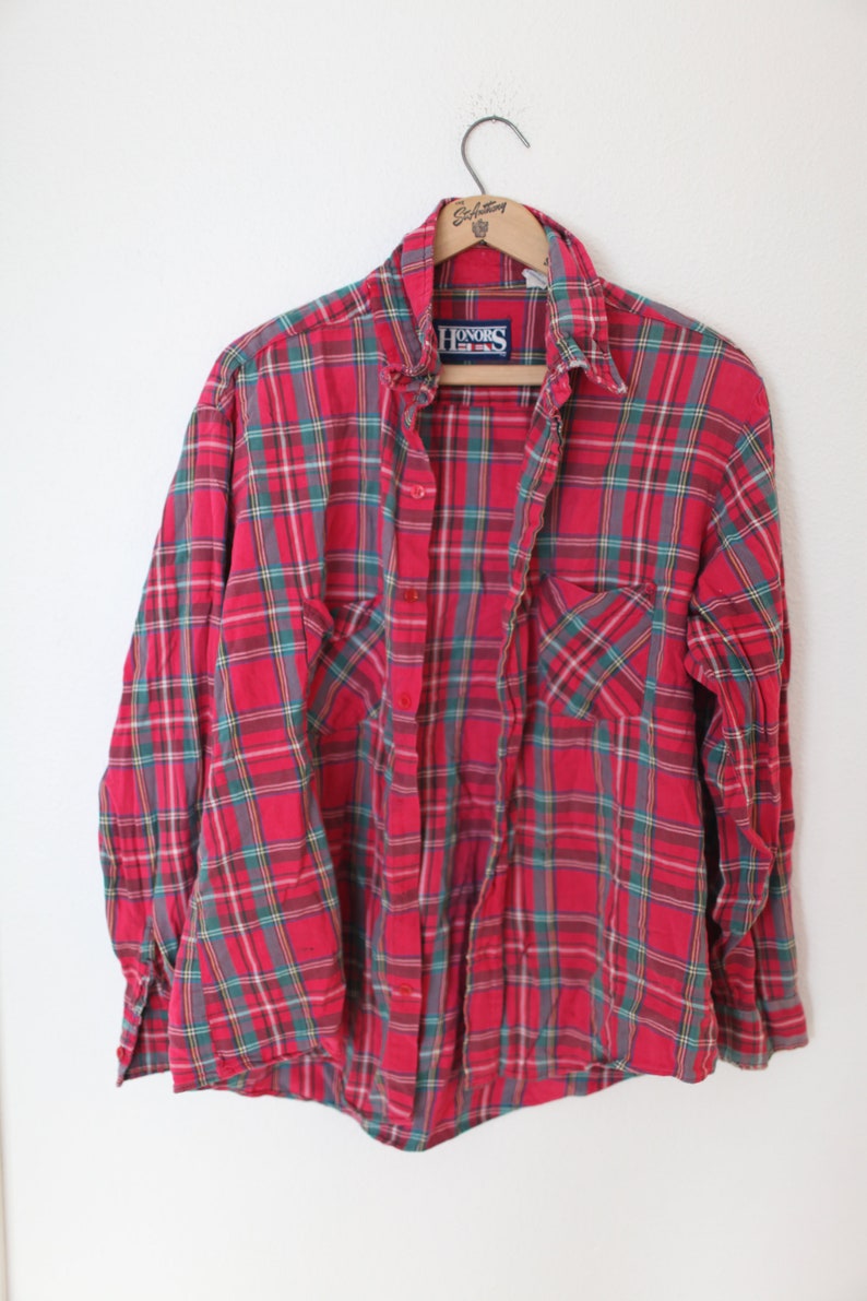 vintage tartain red plaid button up shirt distressed grunge *412