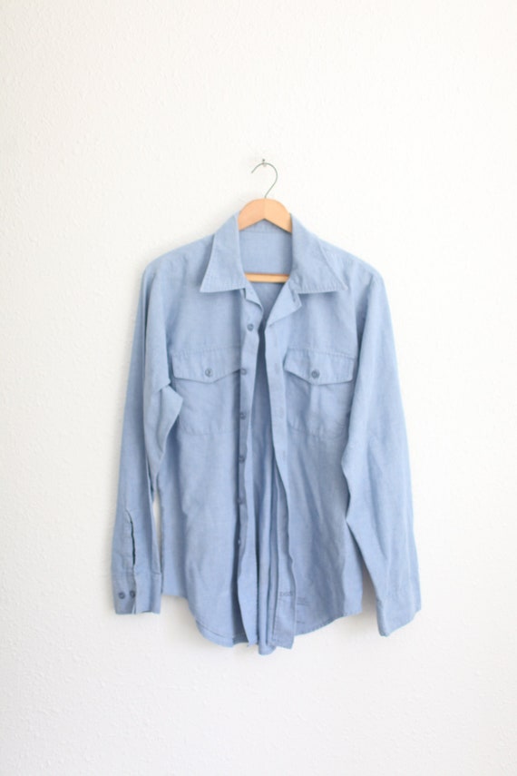 vintage 80s  industrial  chambray blue shirt #0355