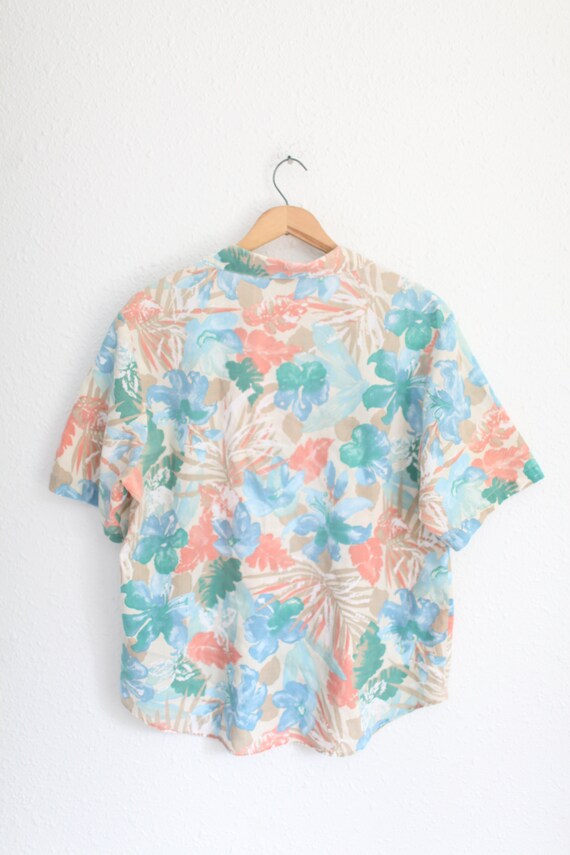 vintage 80s blue  & tan hawaiian leafy boxy  top … - image 4