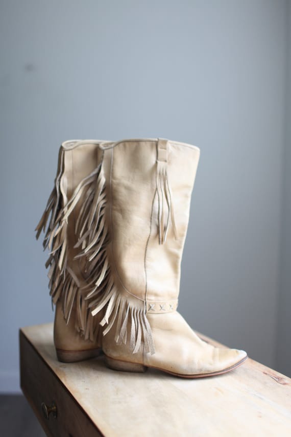 vintage tan leather fringe slouchy  boots  9